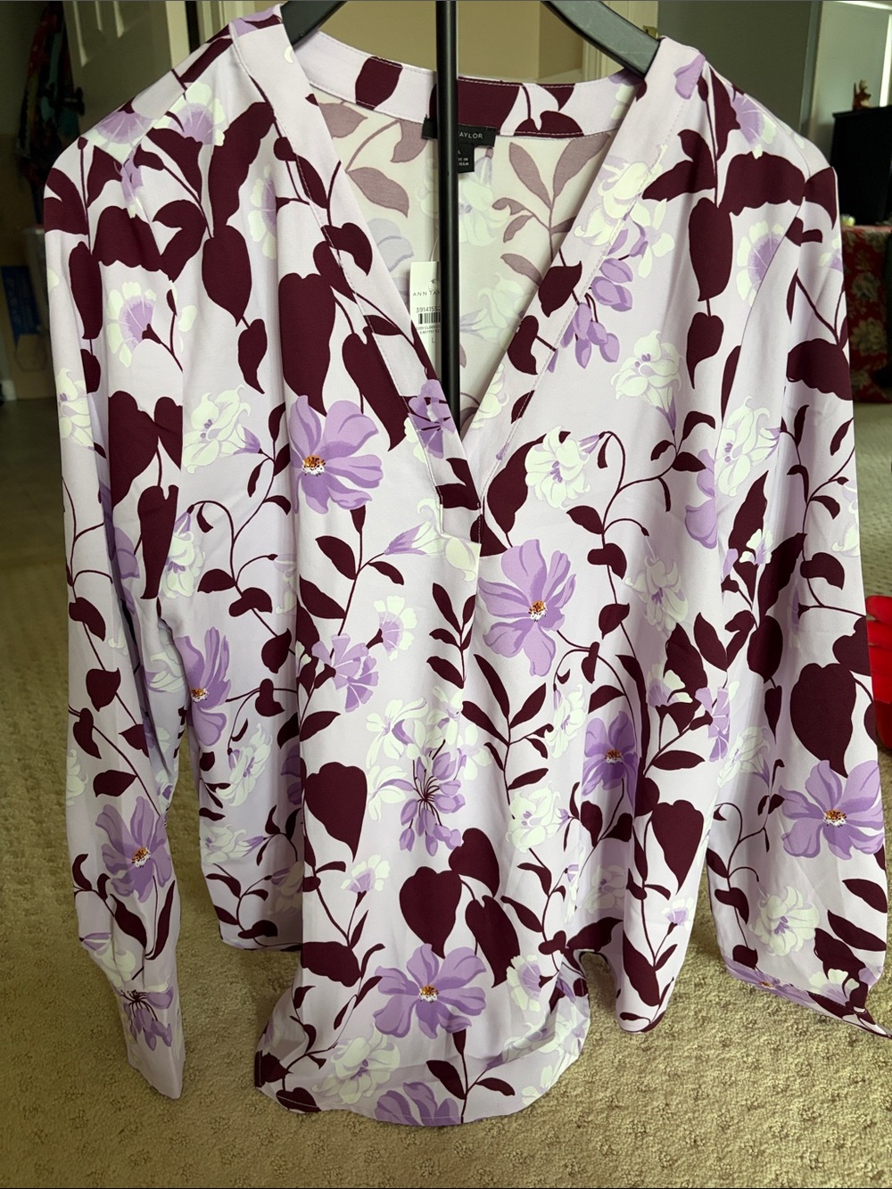 Ann Taylor Lavender and Burgundy Floral V-Neck Blouse